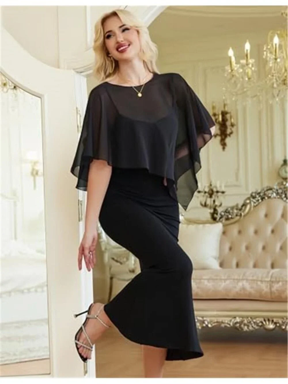 Women Chiffon Capelet Batwing Sleeve Wedding Shawl Sheer Cover Up